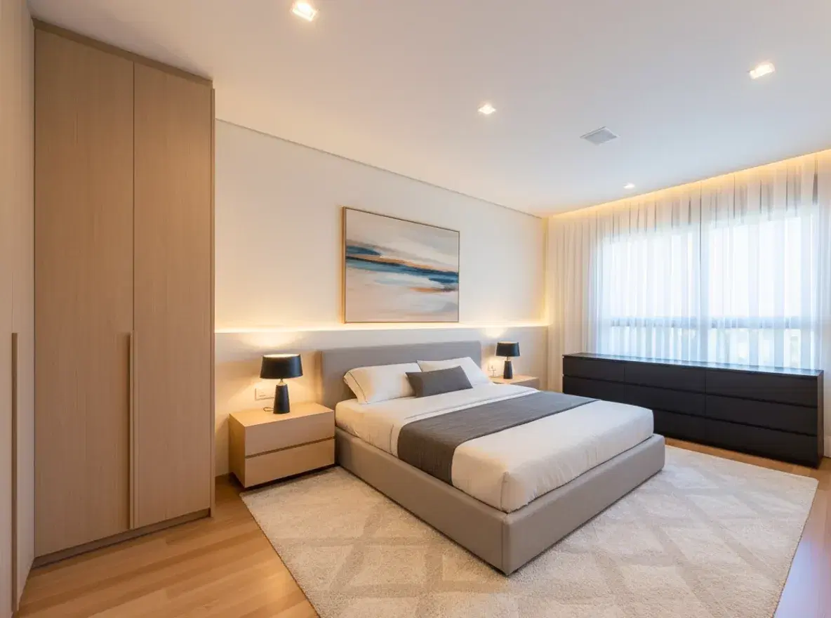 O mesmo quarto decorado pela IA, com cama de casal, criados-mudos, armário, quadro, cômoda e tapete