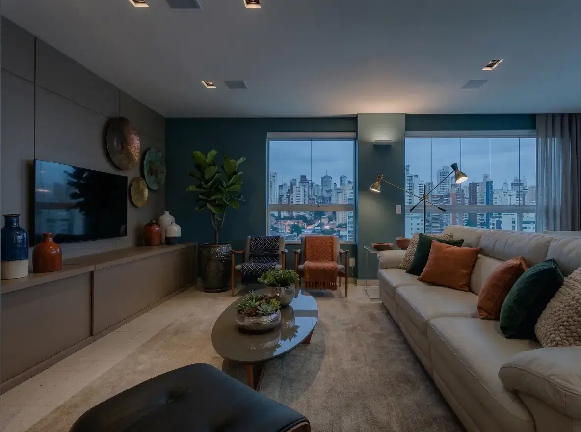 Sala de estar com vista da cidade pela janela, escura e com as cores apagadas na foto original