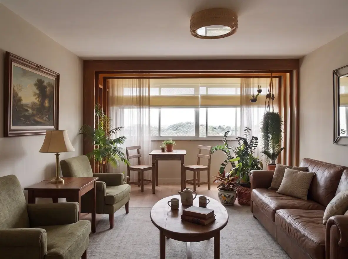 Sala com sofá de couro marrom, poltronas verdes e móveis antigos de madeira